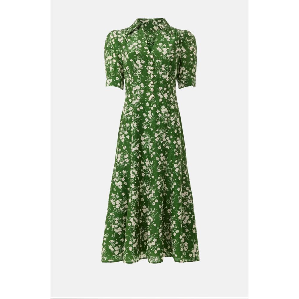 L.K. Bennett Green Floral Midi Shirt Dress SIZE 6 Silk Retro Work Designer $675 - Picture 9 of 13
